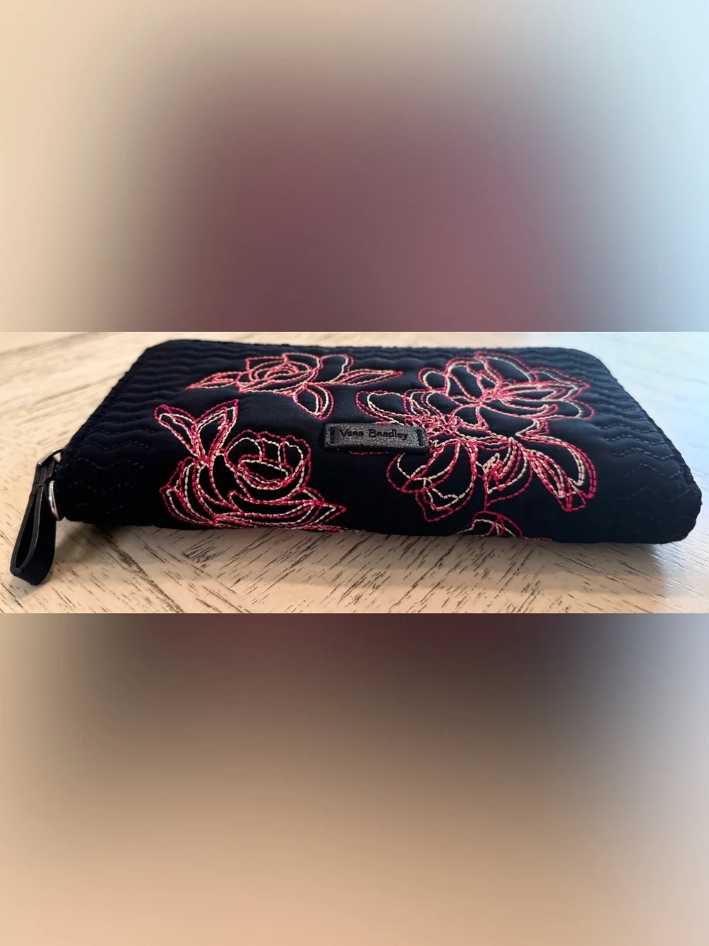 Vera Bradley Classic Navy Quilted Floral Embroidered RFID Zip Around Wallet